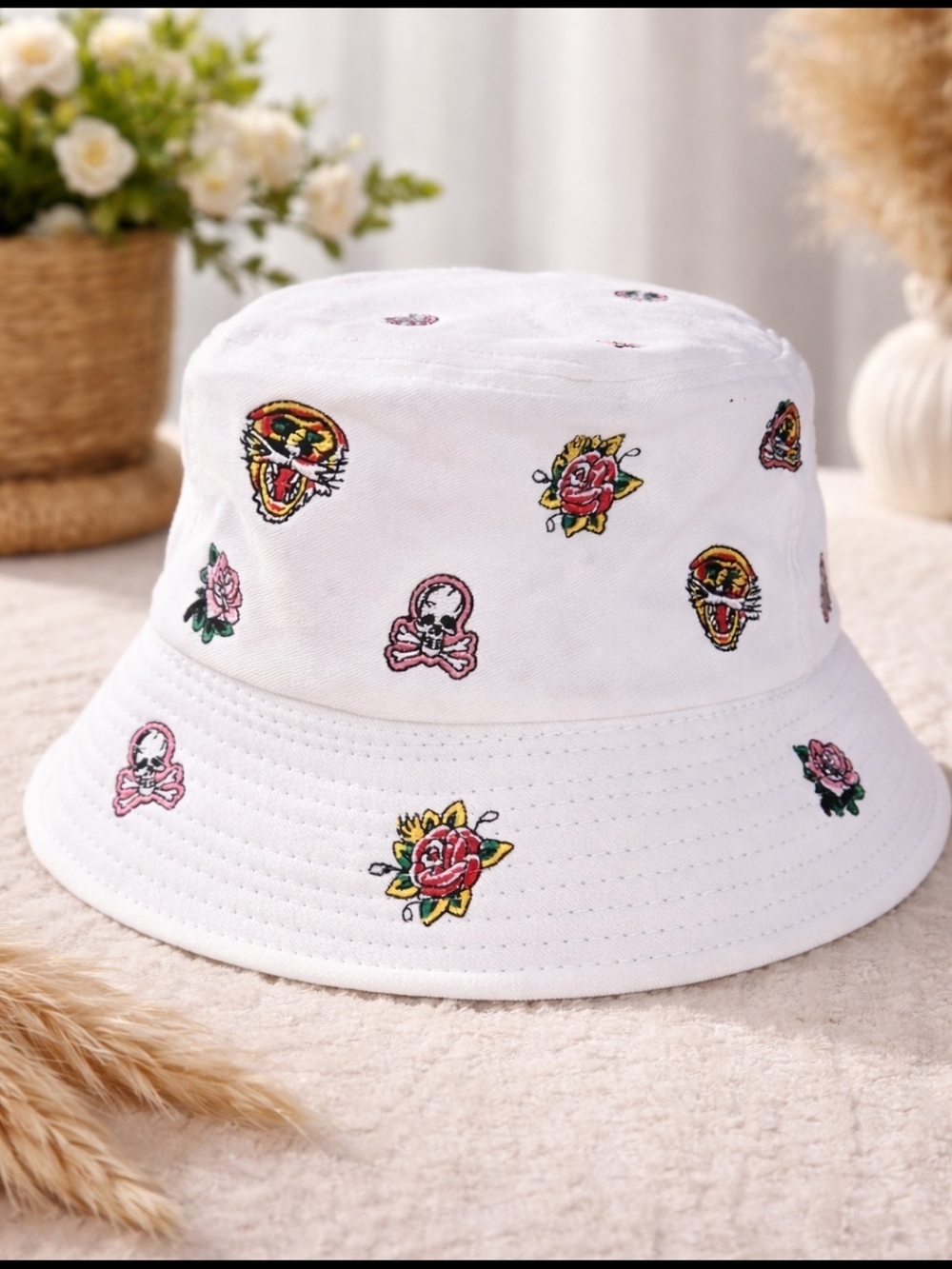 Ed Hardy Y2K Bucket Hat White Skull Rose Embroidered NWT